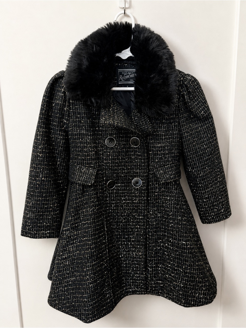 Rothschild Girls Size 5 Black Metallic Tweed Faux Fur Dress Coat Gold Silver